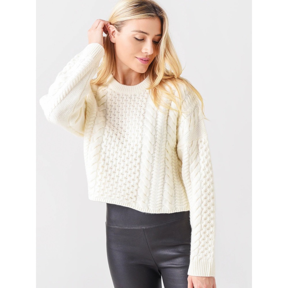 Naadam Wool Cashmere Cable Knit Cropped Sweater Cream Ivory Medium